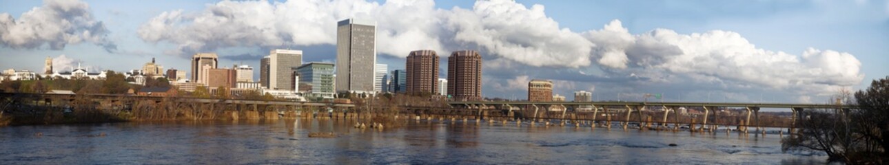 Richmond, Virginia panorama with sky, clouds and the James River. Horizontal.	