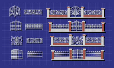 Blueprint of fence - architectural details, vector