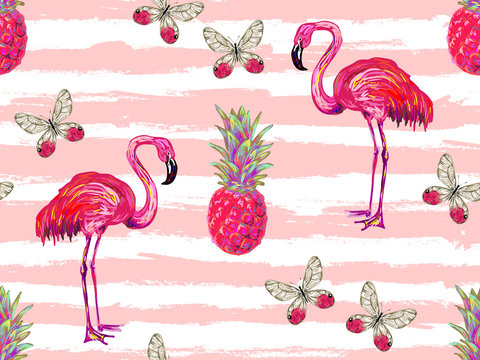 Summer jungle pattern with tropical butterflies, flamingo and pineapple vector background. Beautiful exotic pattern. Perfect for wallpaper, pattern fill, web page background, surface textures, textile