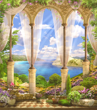 Old stone arch view the sea. Flowers. Wisteria. The sun's rays and the summer sky.