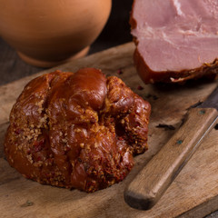 smoked ham on kitchen table
