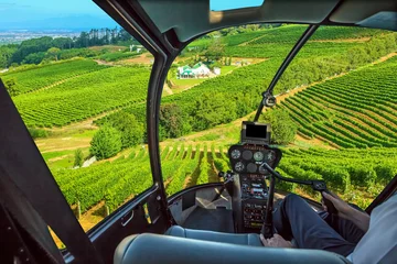 Deurstickers Helicopter cockpit flies in grapevine of Constantia Valley, Cape Town in South Africa, with pilot arm and control board inside the cabin. © bennymarty