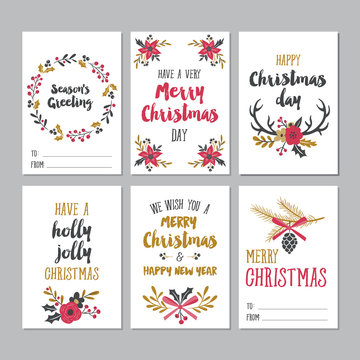 Christmas greeting printable cards with cute floral design elements. 