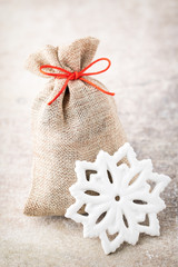 Christmas gard. Gift bag with burlap. Christmas decoration.