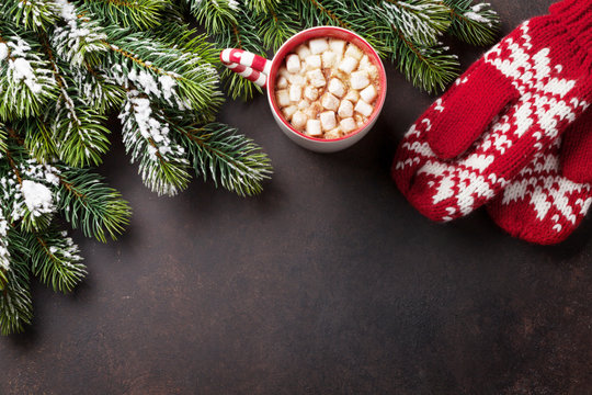 Christmas background with fir tree and hot chocolate