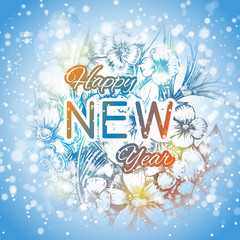 Happy new year celebration greeting card with hand drawing flora