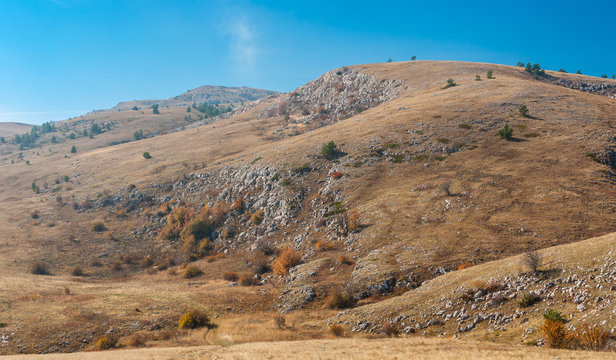 Autumnal panoramic landscape in Babuhan Yaila natural reserve, Crimean peninsula