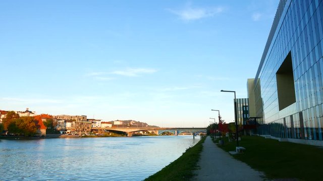 Sunset over the River Drava flowing through Maribor, Slovenia, Europe.

