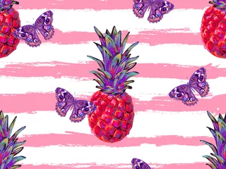 Fotobehang Ananas Zomer jungle patroon met tropische vlinder en ananas vector achtergrond. Mooi exotisch patroon. Perfect voor achtergronden, opvulpatronen, webpagina-achtergronden, oppervlaktestructuren, textiel