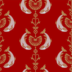Japanese or Chinese fan and fish seamless pattern.