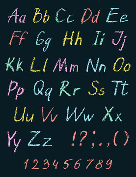 Pastel chalk child's drawing alphabet on black board. Crayon hand drawn font. ABC drawing letters. Kids drawing colorful alphabet. Vector.