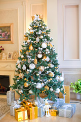 happy new year, decorated tree, toys, gifts, beautiful room