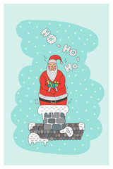 Cartoon character Santa Claus, a symbol of new year holidays and Christmas, for use in printing on greeting cards. Santa Claus holding a gift with background of snowflakes and Christmas trees.