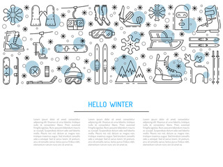 Vector linear icons set of symbols denoting the various types of winter recreation and pastimes such as skiing, snowboarding, skating. The types of winter recreation.