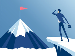 businessman standing on cliff's edge and looking at the mountain on which he will climb, an employee looking for a way to his goal, business concept challenge and the goal