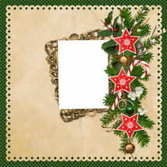 Christmas greeting background with frame, pine branches, Christmas bells, garland of stars and berries branches