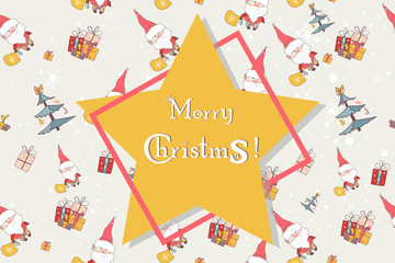 Cartoon christmas seamless pattern with santa claus, trees, gift boxes and other elements.