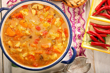Chicken stew with hot chilli in bowl