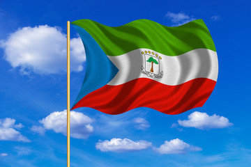 Flag of Equatorial Guinea on flagpole waving