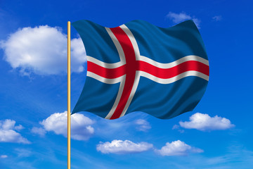 Flag of Iceland waving on blue sky background