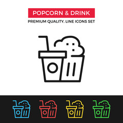 Vector popcorn and drink icon. Thin line icon
