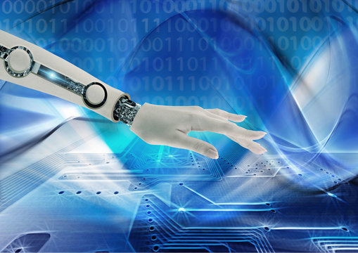 Bra&ccedil;o Cyber sobre fundo de ci&ecirc;ncia e tecnologia