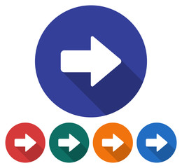 Round icon of right direction arrow. Flat style illustration with long shadow in five variants background color