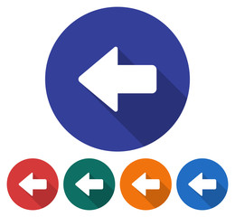 Round icon of left direction arrow. Flat style illustration with long shadow in five variants background color