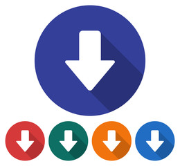 Round icon of downward  direction arrow. Flat style illustration with long shadow in five variants background color