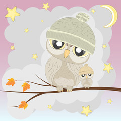 Fototapeta premium Owl Family on the Tree. Mom and Baby.