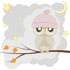 Owl sits in a tree with the stars and moon in the background.