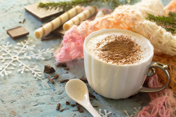 Christmas frame. Coffee with whipped cream, cappuccino cup and c