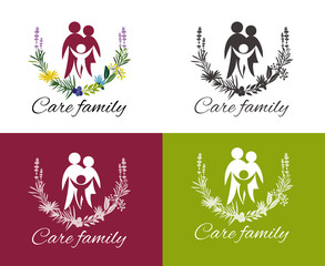 Happy family concepts: father, mother, daughter and son together. Family care logo vector design. Child Care and Medical Services. Child freedom and active lifestyle. Love family.