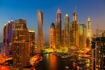 General view of Dubai Marina at night from the top