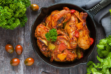Chakhokhbili, chicken stew, cooked with tomatoes, bell peppers, spices and herbs. Dark wooden background, top view.