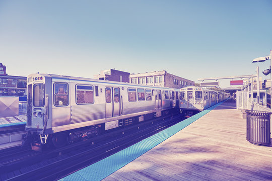 Vintage Stylized Subway Trains On Platform In Chicago.