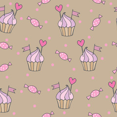 Seamless pattern with cake and candy on the beige