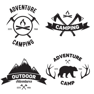 Set of vector mountain and outdoor adventures logo. Tourism hiking and camping labels. Mountains and travel icons for tourism organizations outdoor events and camping leisure.