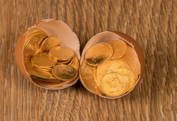Pure gold coins in egg shell illustrating nest egg