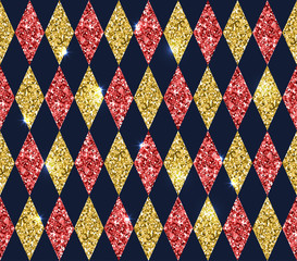 Seamless geometric pattern of rhombuses. Gold and red glitter te