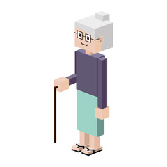 Block style elderly woman with walking stick vector illustration
