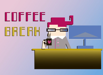 Coffee break. Business man sitting at the desk with a computer and drinking hot coffee. EPS 10 vector illustration.