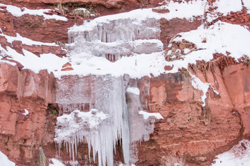 Icicles form on the walls of Zion National Park in winter 