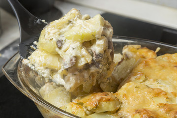 Homemade scalloped potatoes with mushrooms and cheese. Focus on spoon