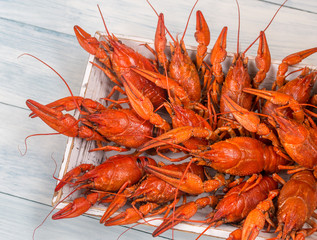 Tray with boiled crayfish