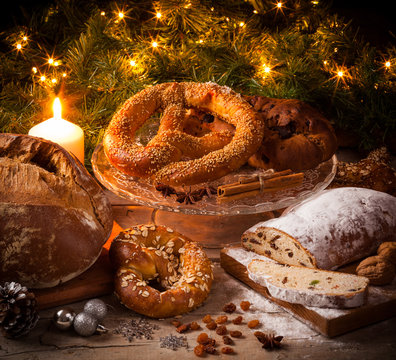 Christmas baking: stollen, pretzel, bread