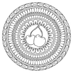 Black and white mandala theme with cherry doodle. Healthy food background. Autumn pattern with cherry in tribal pattern circle.