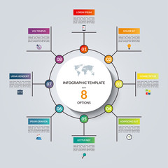 Linear infographic circle template with 8 options. Vector banner for business infographics. Can be used for cycle diagram, round chart, graph, presentation, report, step options, web design.