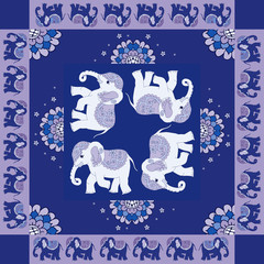 India. Lovely tablecloth or quilt. Ethnic bandana print with ornamental border. Silk neck scarf with flowers and elephants. Summer kerchief square pattern design style. Fabric.