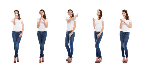Obraz premium Teenage girls with smartphones on white